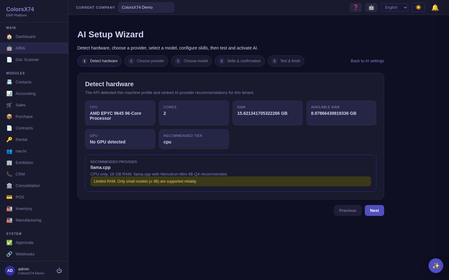 AI Setup Wizard detect-hardware step showing CPU, cores, RAM, GPU, recommended tier and provider