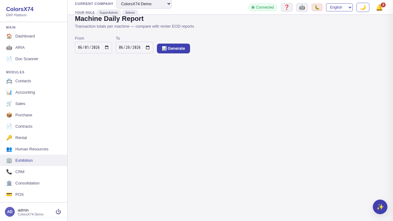 Machine daily summary report with per-day transaction counts and totals