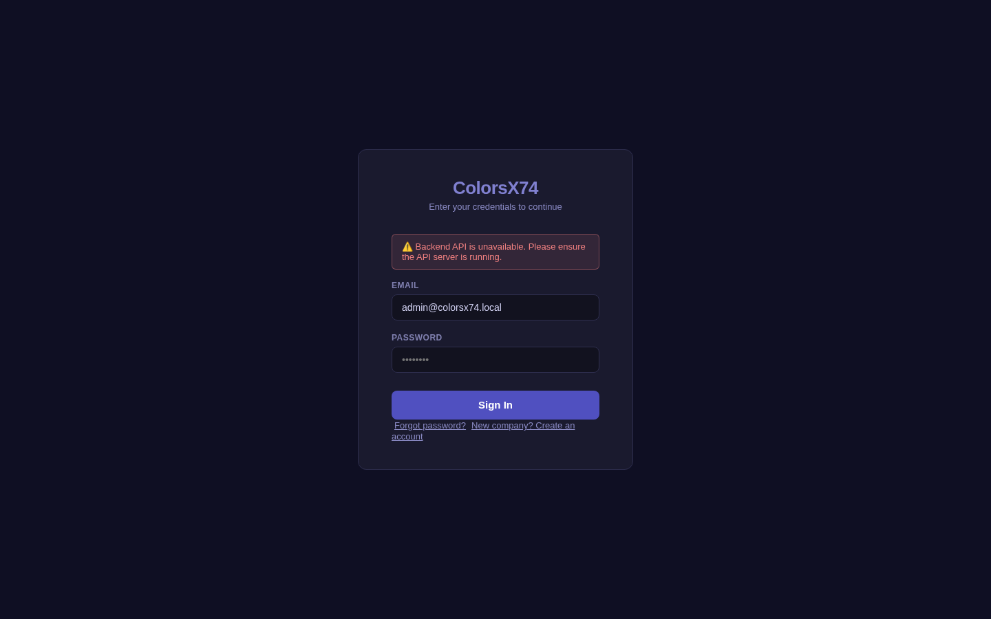 ColorsX74 ERP login screen with email and password fields