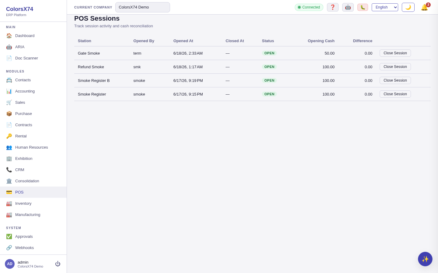 POS Sessions list showing station, opened-by, opened/closed times, status, opening cash, and difference with a Close Session action